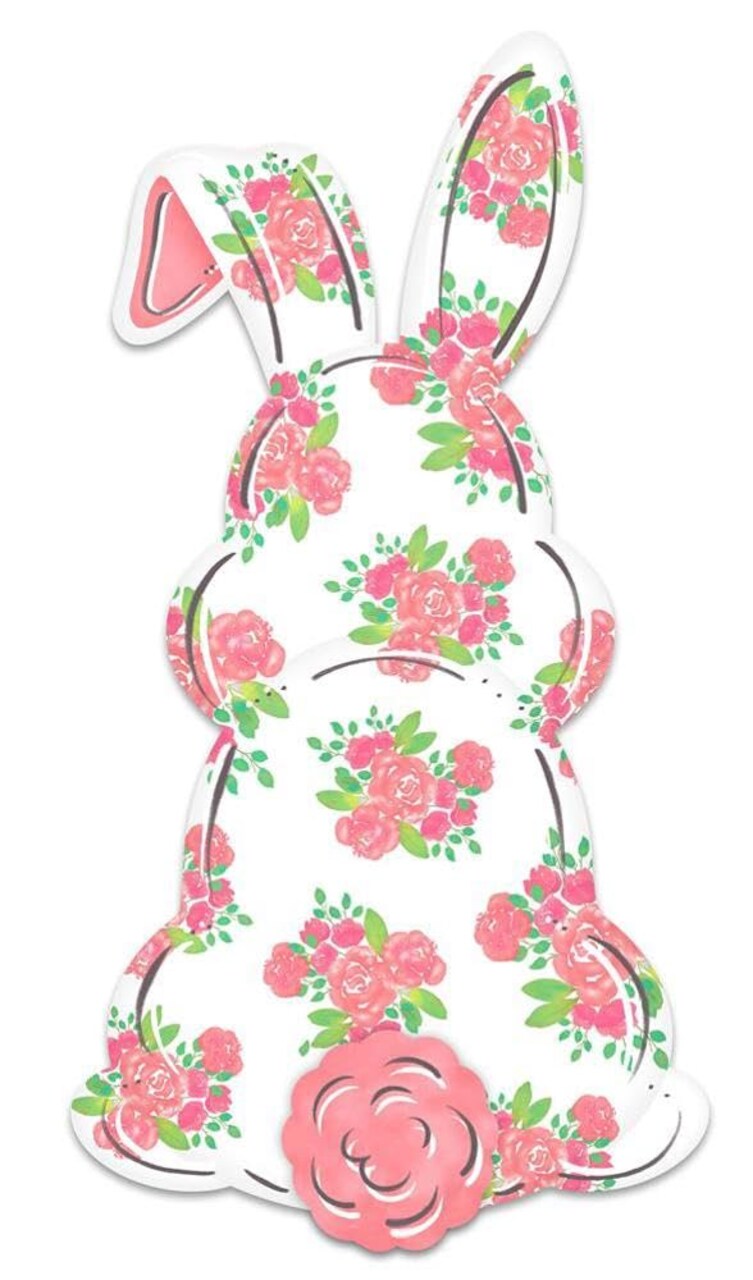 Large 29" Metal Bunny Sign with Hanger for Easter Wreaths, Baby Showers, Crafts and Spring Decorations (Floral Flower Print - Pink, White, Green, 29" x 15.2")